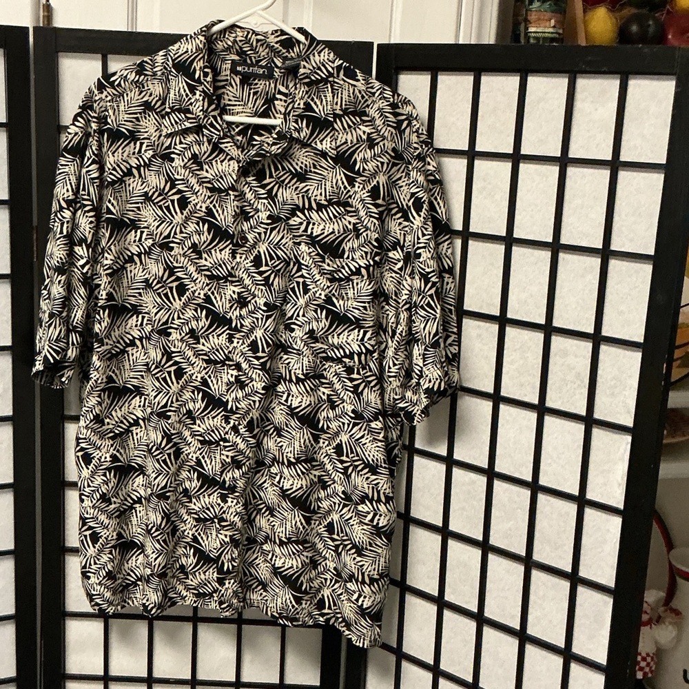 Puritan Black Button-Down Shirt with Cream Leaf Print
